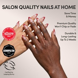 Glamnetic Press On Nails - Cherry Bomb | Short Almond Fake Nails with Glossy Red French Tips & 3D Cherry Accents on Semi-Transparent Base, Salon Quality | 15 Sizes - 30 Nail Kit with Glue