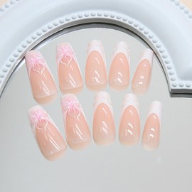 24Pcs White French Tip Press on Nails Medium Coffin Nails Spring Lily Flower Fake Nails 3D Designs Reusable French Acrylic Nails Nude Glossy False Nails Summer Flowers Stick on Nails for Women Girls