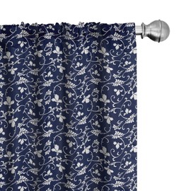 Ambesonne Leaves Curtains, Japanese Motifs Timeless Folklore Pieces in Flower Form on Indigo, Window Treatments 2 Panel Set for Living Room Bedroom, Pair of - 28" x 95", Dark Indigo and White