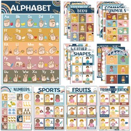 gisgfim 18 Pieces America Sign Language Poster ASL Charts ASL Education Poster for Classroom ASL Posters Sign Language for Toddlers Kids Students Classroom Decoration (Boho)
