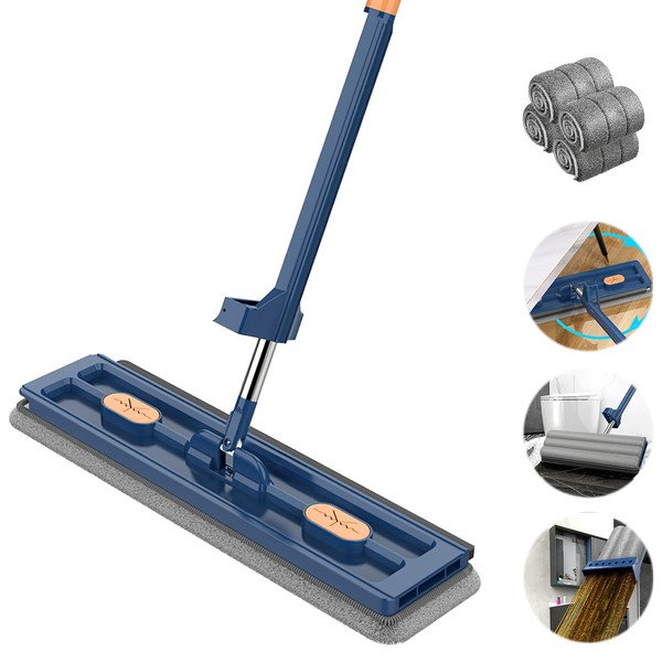Large Flat Mop,360° Rotatable Adjustable Cleaning Mop,Stainless Steel Long Handle Big Flat Mops with Microfiber,Multifunctional Household Cleaning Tool for Wet and Dry Use (Blue + 4 Microfiber Pads)