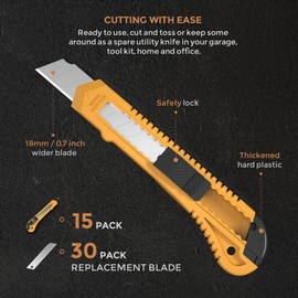 Nicpro 15 Pack Utility Knives with 30 PCS Extra Blades, Plastic Box Cutters Bulk Retractable Razor Knife Snap Off Blades 18mm for Heavy Duty Office, Home, Arts Crafts, Hobby