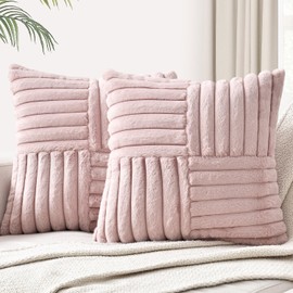 Foindtower Pack of 2, Faux Fur Plush Decorative Throw Pillow Covers Luxury Soft Fluffy Cushion Case Cozy Fuzzy Striped Pillowcase Home Decor for Sofa Couch Living Room Bedroom 20x20 Inch, Dusty Pink