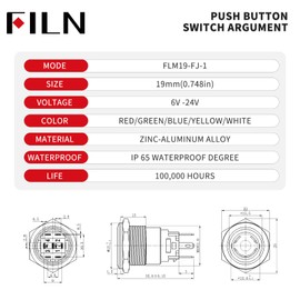 FILN 2PCS 19mm Latching Push Button Switch (ON/Off), Black Plated with 185 Symbols & Pre-Wired Harness, IP65 Waterproof, 12V/24V 5A for Car Marine Boat Motorcycle DIY (Red LED Light)