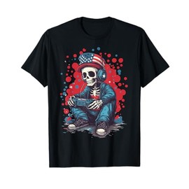Patriotic Gamer Skeleton 4th of July Uncle Sam Hat Gaming T-Shirt
