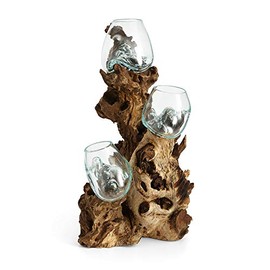 Cohasset Molten Glass Triple Terrarium | 19" Tall Teak Wood with (3) 10cm Recycled Glass Vessel