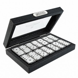 Bucher&Rossini Metal Surface Dominoes Set Double 6 - Claasic Black Domino's Game Set with Silver Metal Surface for Adults and Kids Ideal Gift for Domino Players or Family Game Night