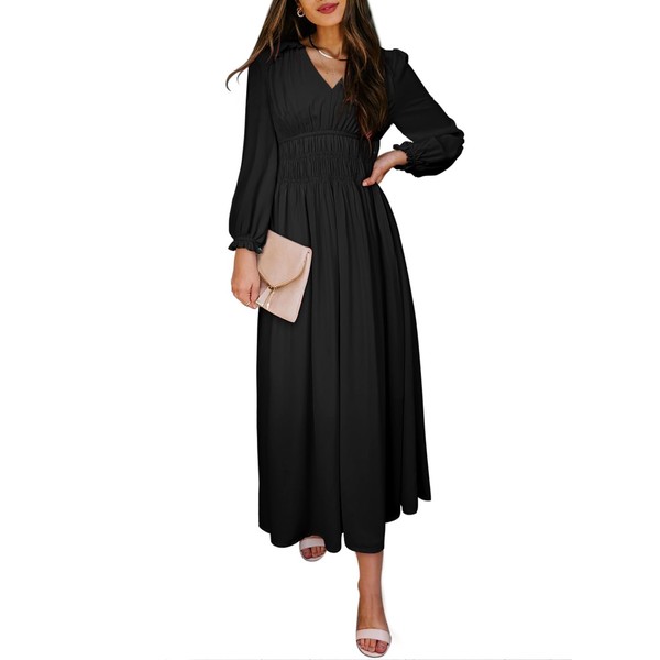 BLENCOT Women's Casual Long Sleeve Tiered Dress V Neck Pleat