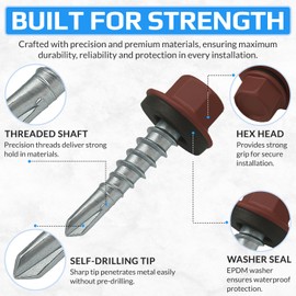 4.8 mm x 35 mm Roofing Screws, Hex Head Self-drilling Multi-color (RAL 3009 Oxide Red) Roof Screws With EPDM Sealed Washer, Rust Proof Zinc Plated Hardened Coarse Threads Screw for Outdoor Use
