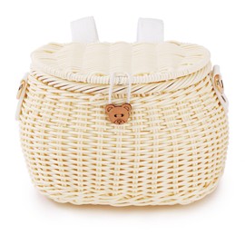 Kids Bike Basket Set, Bike Scooter Tricycle Basket, Children Cycling Basket, Children Bike Basket Handwoven Backpack with Lid Shoulder Strap, Rattan Basket, Front Handlebar Basket, Beige