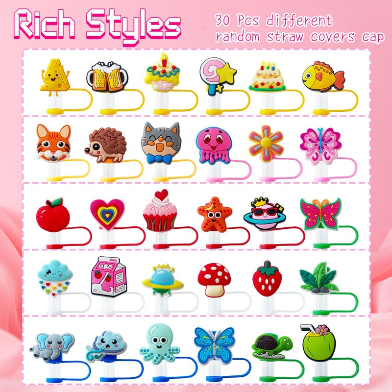 30 Pcs Different Random Straw Covers Cap,Cute Dust Proof Straw