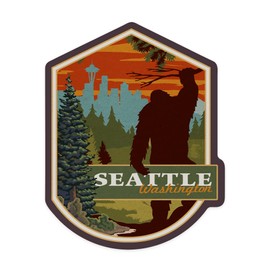 Die Cut Sticker Seattle, Washington, Bigfoot, WPA Style, Vinyl Sticker, (Waterproof Decal for Cars, Water Bottles, Laptops, Coolers), Large