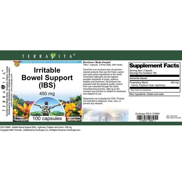 Terravita Irritable Bowel Support (IBS) - Agrimony, Psyllium and Carrot - 450 mg (100 Capsules, ZIN: 516864)