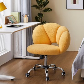 Yaheetech Boucle Upholstered Desk Chair Cloud-Shaped Vanity Chair Adjustable Home Office Chair Computer Chair with Rolling Wheels for Living Room, Bedroom Yellow