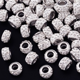 Alpinleux 50 Pcs 12mm Large Hole White Rhinestone European Rondelle Diamond Hair Beads, Large Hole Spacer Beads for Bracelet, Snake, Chain, Charm