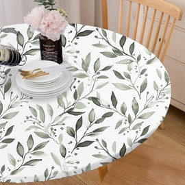 MATGKYO Watercolor Olive Leaves Tablecloth Fitted Elastic Oil-Proof Patio Table Covers Wrinkle Resistant Round Tablecloths Waterproof for 36" - 44" Round Table