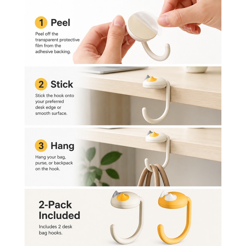 Cat Desk Hooks for Bags & Keys – 2-Pack Adhesive