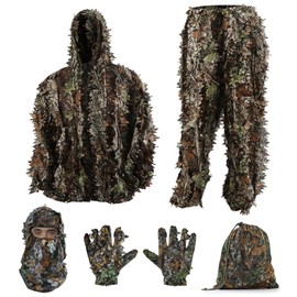 Ghillie Suit Camouflage 3D Leaf Hunting Chasse Outdoor Airsoft Camo Clothing with Hunting Gloves for Men (Height 3.6-4.9ft)