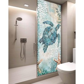 Window Privacy Film Coastal Sea Turtle Teal Stained Glass Window Film Decorative Sun Block Window Cover Summer Nautical Ocean Starfish Window Clings Static Adhesive Sticker for Bathroom 29.5"x78.7"