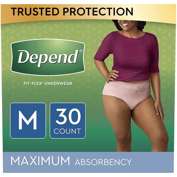 Depend FIT-FLEX Incontinence Underwear for Women, Disposable, Maximum Absorbency, Medium, Blush, 30 Count