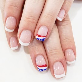 24Pcs Independence Day French Tip Press on Nails Short Square Fake Nails with USA Flag Nail Tips Design 4th of July Acrylic Glue on Nails Patriotic False Nails Full Cover Stick on Nails for Women