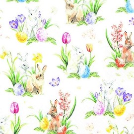 20 Napkins Small Rabbits on Spring Flowers | Daffodils | Tulips | Pansy | Easter 33 x 33 cm