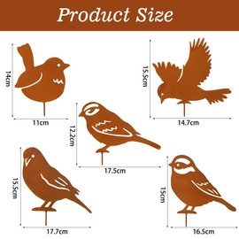Pack of 5 Rust Bird Garden Decoration for Outdoors, Bird Decoration Metal for Window Sills Fences Branches, Garden Stake Birds Decorative Rust, Metal Rust Stake