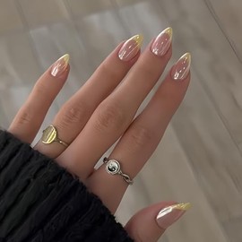 Uñas postizas cortas almendradas con punta francesa en amarillo pastel cromado, uñas postizas de gel suave y brillante con acabado brillante esmaltado