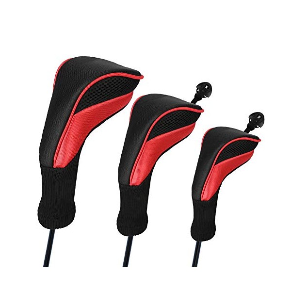 Number-one Golf Club Head Covers for Fairway Woods Driver Hybrids, 3Pcs Long Neck Mesh Golf Club Headcovers Set with Interchangeable No. Tags 3 4 5 6 7 X (Red)