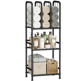 3 Tier Towel Racks for Bathroom with Dividers, Free Standing Metal Towels Holder Stand with Shelf, Towel Storage Organizer Bathroom Shelf, Metal Shelving Unit, Pool Towel Rack, Black