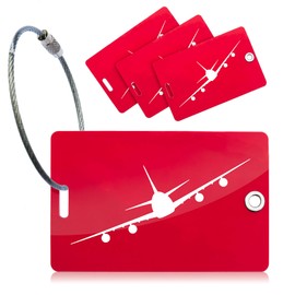 Strong PVC Luggage Tags, Secure, Easy to Spot, Privacy, Strong Steel Cable, 4 Pack Red