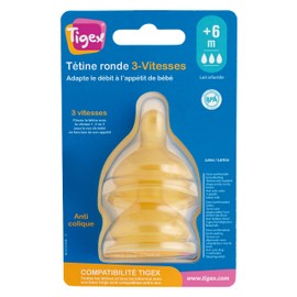 Tigex Round Latex Flask Teat, 3 Speed Levels, Anti-Colic Teat, 6 + m, Pack of 2, 80604543, Multi-Coloured