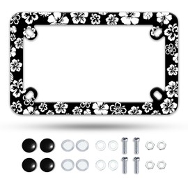 Motorcycle Hibiscus Flower License Plate Frame Black and White Floral Stainless Steel Material Funny Motorbike License Plate Holder Motorcycle Accessories 7" X 4" Inch