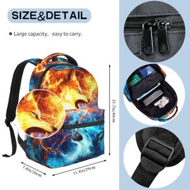 Kids Wolf School Backpack For Boys Girls Cool Fire and Ice Wolf Boys Backpack For Kids Children Teens Elementary Middle School Cool Lighting Bookbag Travel Back Pack for Age 6-18