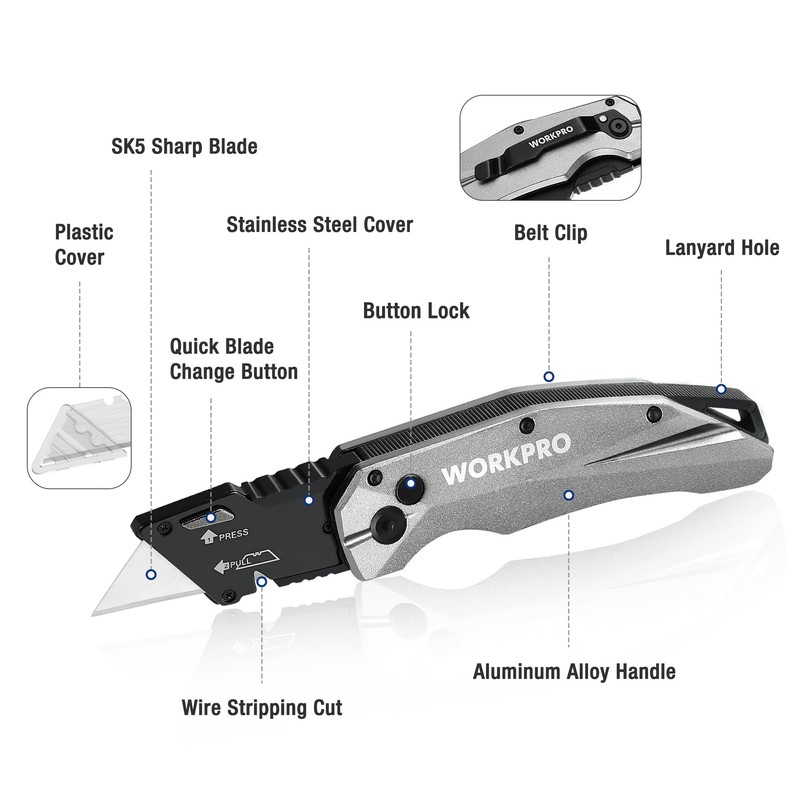 WORKPRO Folding Utility Knife, Heavy Duty Metal, Quick Open Botton