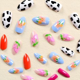 24 Pcs Valentine's Day Press on Nails Short Almond Fake Nails with Heart Design Glossy Heart False Nails Colorful Acrylic Nails Full Cover Glue on Nails Stick on Nails for Women and Girls