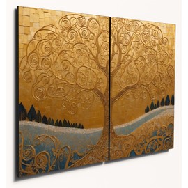 The Plum Penguin Golden Tree MDF Wall Art, 2 Piece A4, Klimt Inspired Ornate Design on Wood Canvas Alternative 40 x 30cm