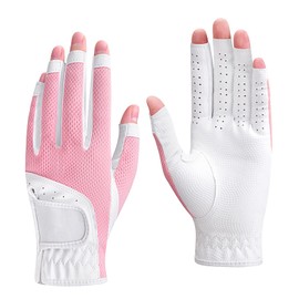 JIAHG 1 Pair Women’s Golf Gloves Fingerless Breathable Mesh UV Protection Anti-Slip Grip Left & Right Hand Golfing Driving Gloves Lightweight Sports Mitts for Ladies (Pink, M)