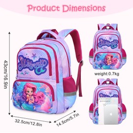 Decalsweet School Bags for Girls with Reflective Strip,Large Girls Backpack for Primary School Elementary School,Lightweight Book Bag for Sports and Travel,Mermaid