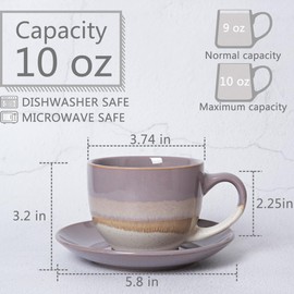 Bosmarlin Ceramic Cappuccino Cup and Saucer Set of 2, 10 Oz, Coffee Cups for Latte, Espresso, Tea, Dishwasher and Microwave Safe (Purple)