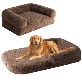 EHEYCIGA Foldable XXL Dog Bed, Faux Fur Fluffy Dog Bed for Extra Large Dogs, Orthopedic Calming Memory Foam Big Dog Couch Bed, Washable Soft Warm Dog Sofa Bed with Non-Slip Bottom, Brown, 54"x38"x8.5"