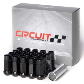 Circuit Performance Forged Steel Extended Open End Hex Lug Nut for Aftermarket Wheels: 1/2"-20 Black - 20 Piece Set + Tool