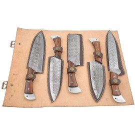 Wild Turkey Handmade Damascus 5pc Kitchen Chef Knife Gaming Set Full Tang Blades