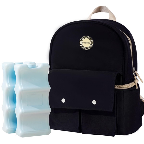 Phanpy Large Breast Pump Bag with Cooler, Breastmilk Cooler Bag with Ice Pack, Double Deck Breastmilk Storage Bag Cooler, Baby Bottle Bag, Diaper Backpack（Black）