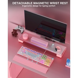 AULA F2088 Typewriter Style Mechanical Gaming Keyboard,Rainbow LED Backlit,Removable Wrist Rest,Media Control Knob,Retro Punk Round Keycaps,USB Wired Computer Keyboard,Pink