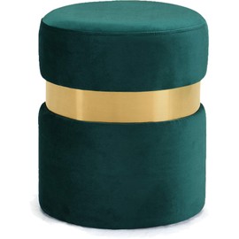 Meridian Furniture Hailey Collection Modern | Contemporary Velvet Upholstered Ottoman/Stool with Stainless Steel Band, 14.5" W x 14.5" D x 17.5" H, Green