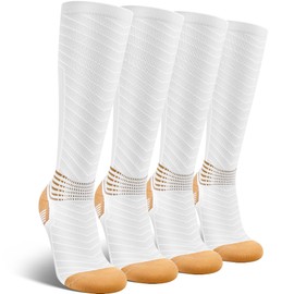 IRAMY Copper Compression Socks for Men Women 15-20 mmHg Ankle Support V-Shape Gradient Compression Coolmax Wicking Knee High Socks,White,2 Pairs,Large