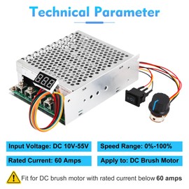 PWM DC Motor Speed Controller, DC 10V-55V / Rated 60A / Max 100A Brush Motor Stepless Speed Controller with LED Display & Forward-Brake-Reverse Switch & Ajustable Potentiometer