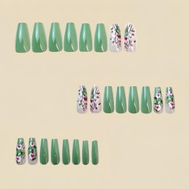 TBRZTR Green French Square Acrylic Press-On False Nails, 24 Pcs, Full Cover, Glossy, Multi, Medium Length, Pink Flower Pattern