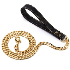 4ft Fully Welded Gold Dog Leash with Leather Handle,18K Gold Dog Chain,Metal Dog Leash,316L Stainess Steel Strong Dog Pet Chain for Large Medium Small Dogs (4ft, Gold)